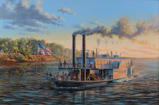 Painting of the Heroine with billowing smokestacks, people visible on the deck, and  United States flag flying. 