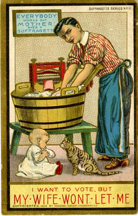 Cartoon of a man washing laundry while a baby and cat sit on the floor. The text reads: I want to vote, but my wife won't let me