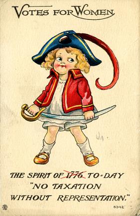 Cartoon of a young girl holding a sword with the text: The spirit of 1776 to day. No taxation without representation.